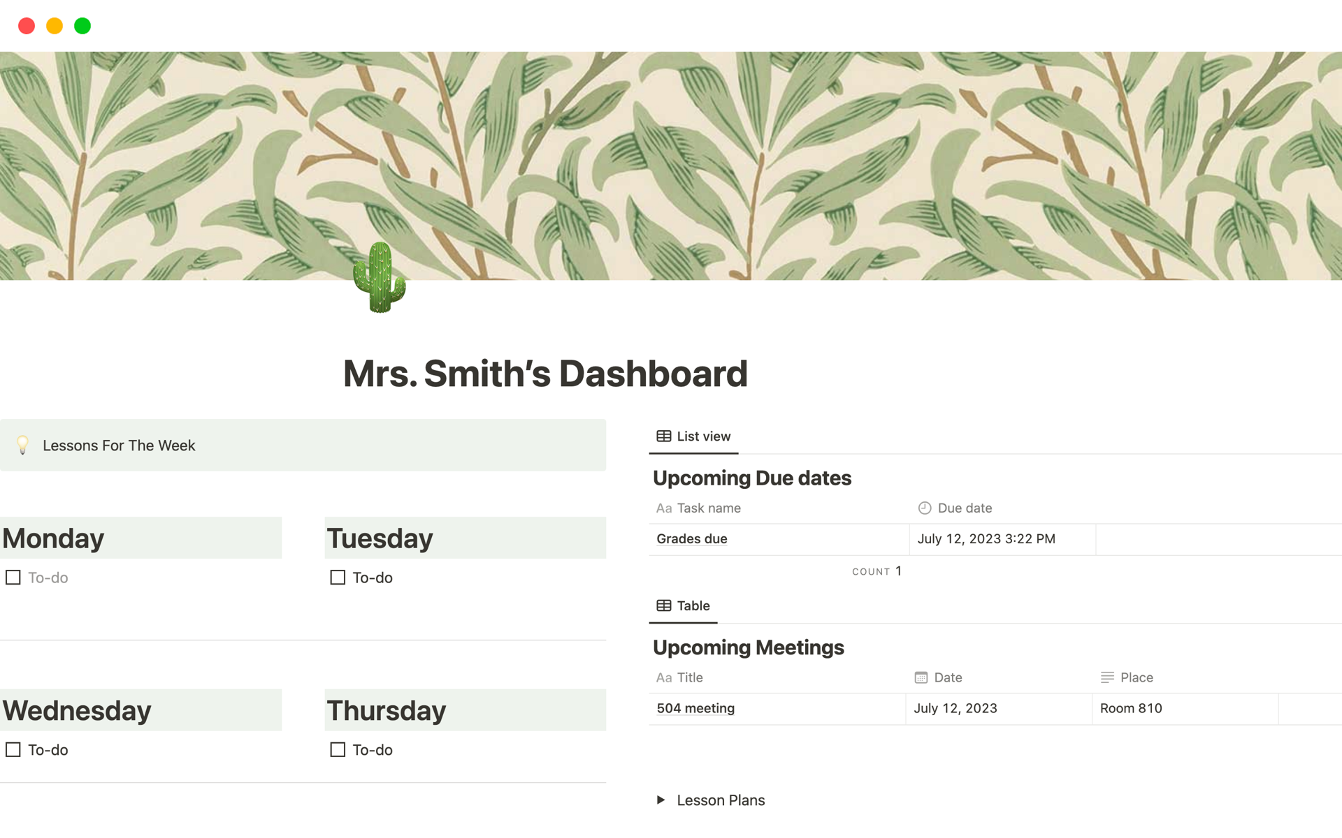 A template preview for Mrs. Smith’s Dashboard