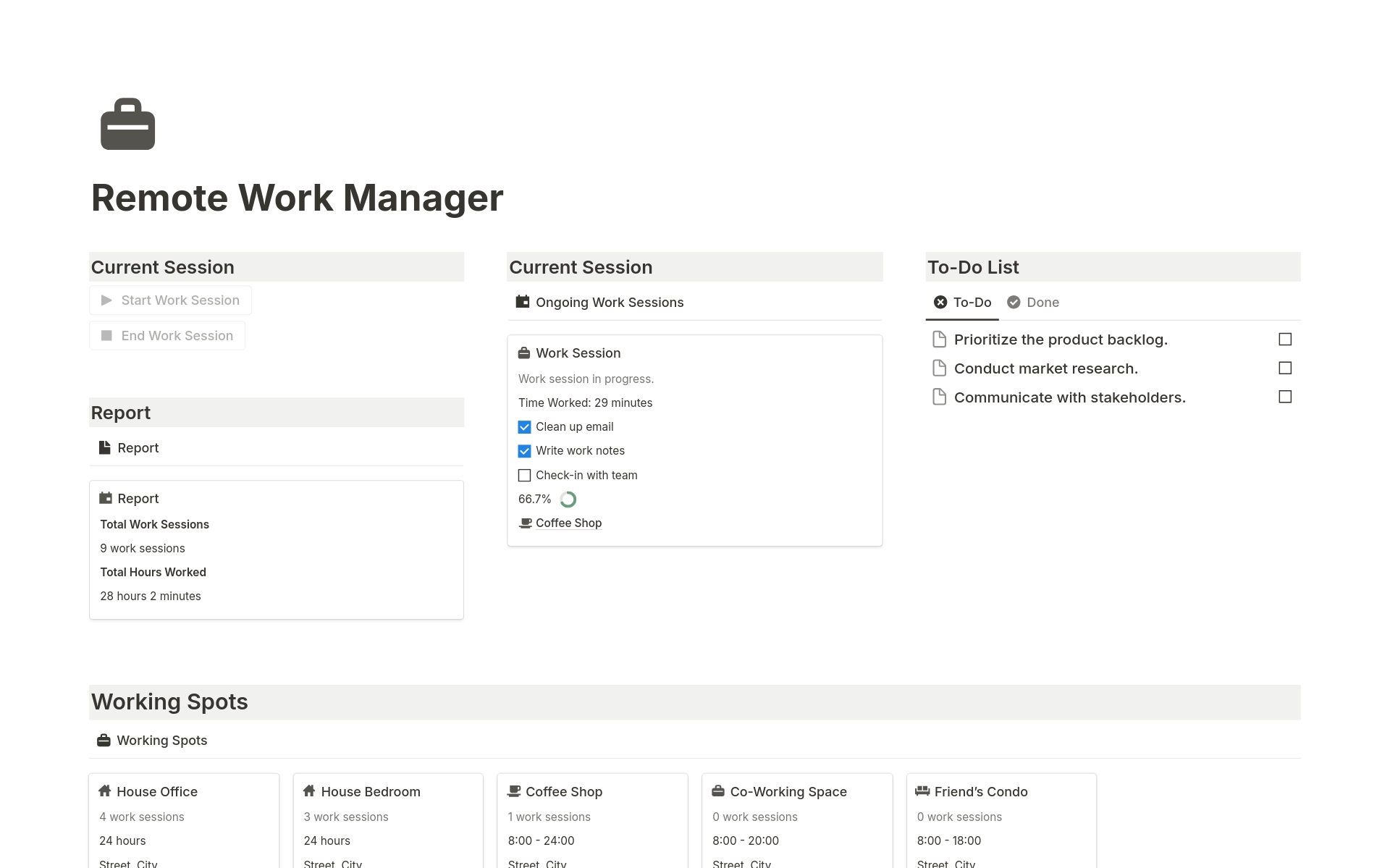 A template preview for Remote Work Manager