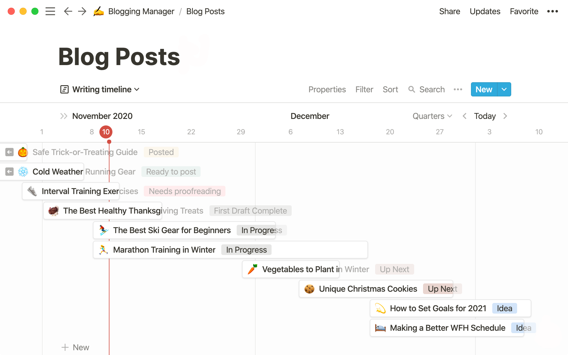 Plan how long you’ll write blogs and see their statuses all in one place. 