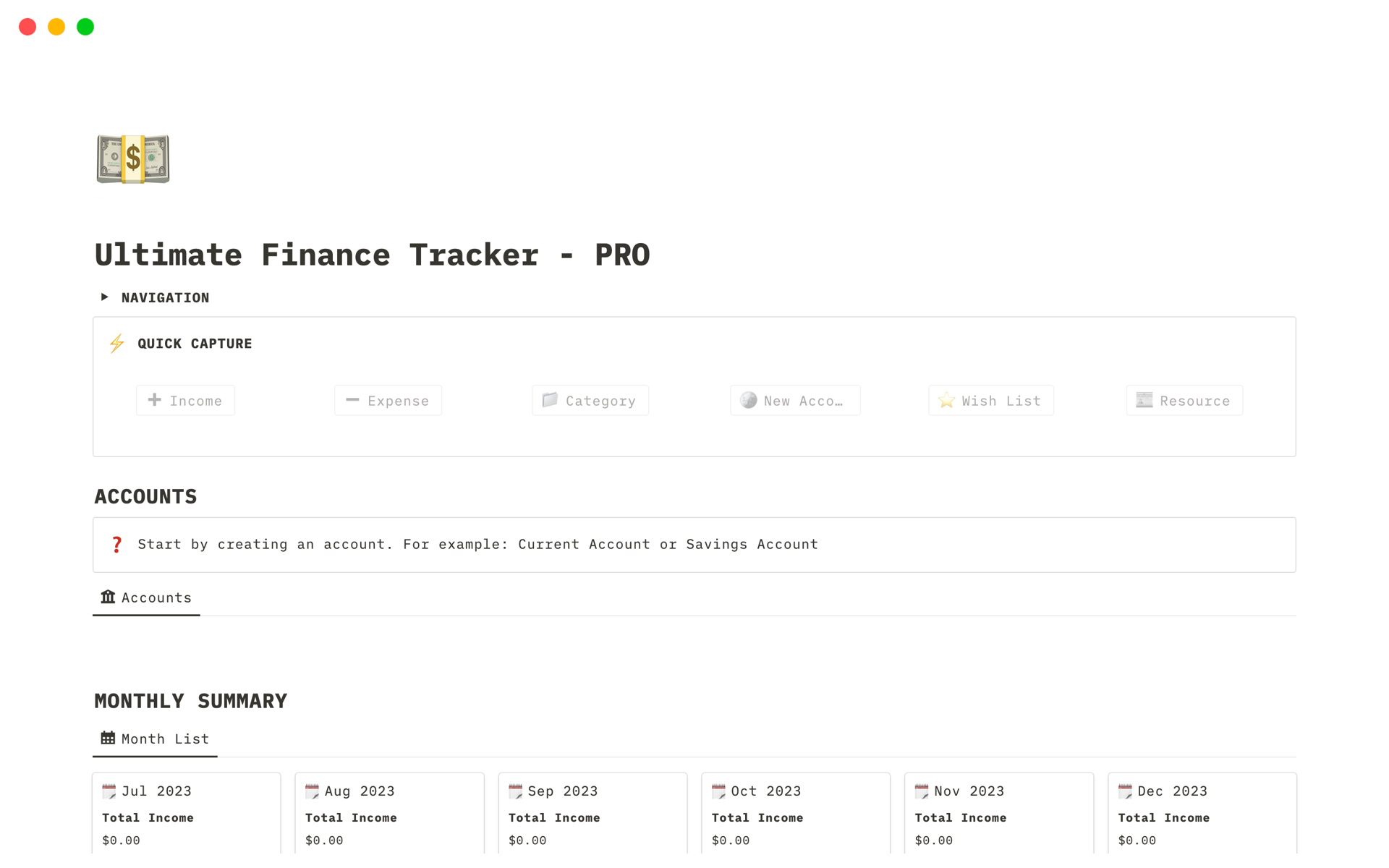 Eine Vorlagenvorschau für Ultimate Finance Tracker - PRO