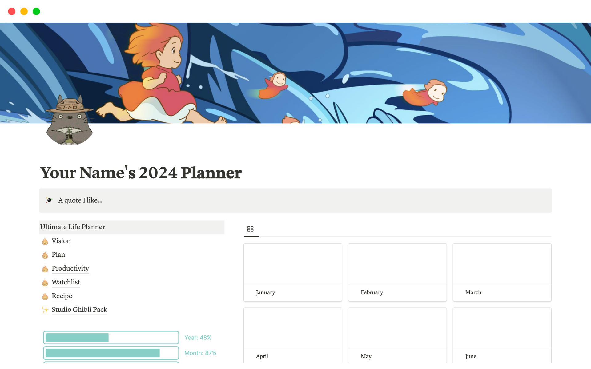 Plan your life with Studio Ghibli theme planner template.