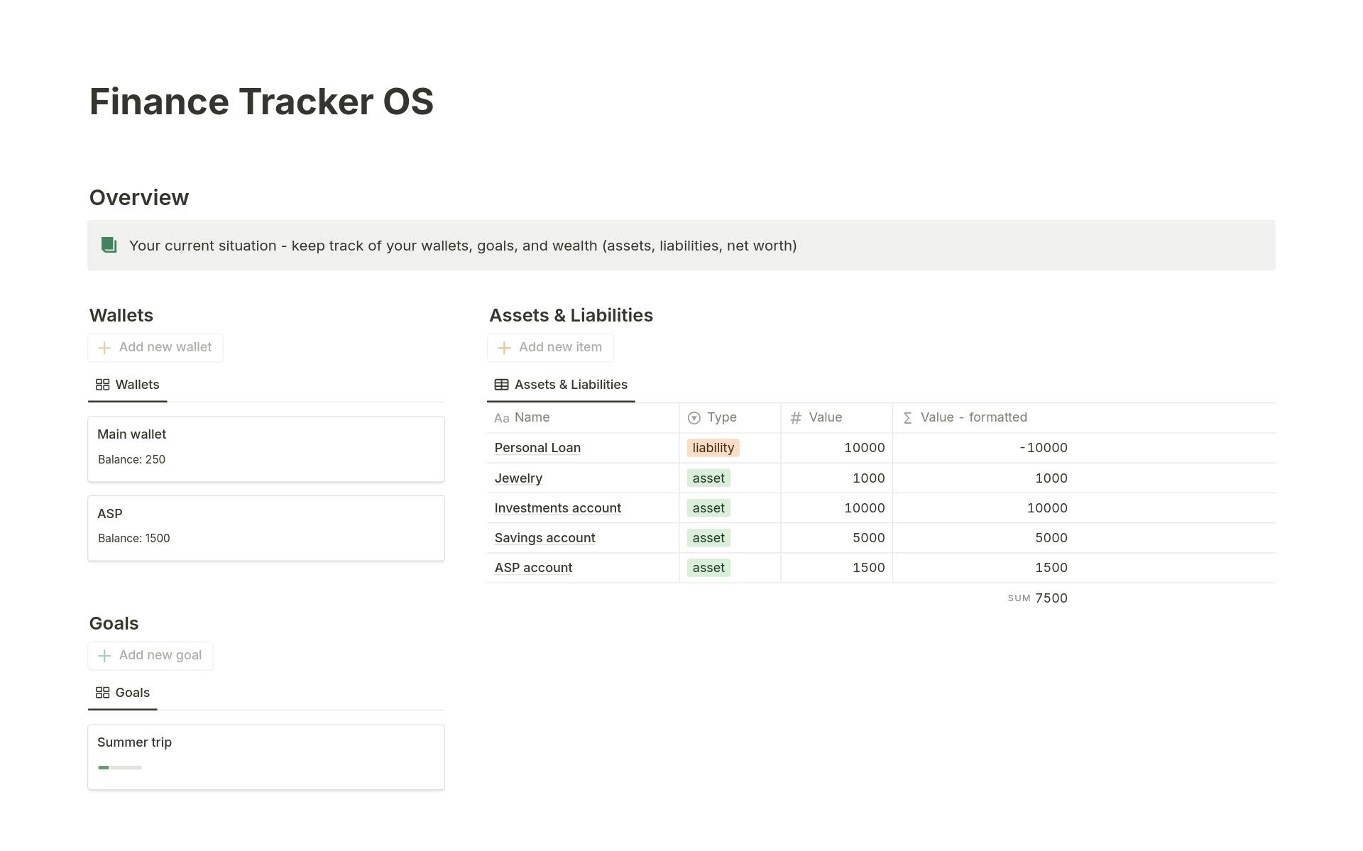 A template preview for Finance Tracker OS