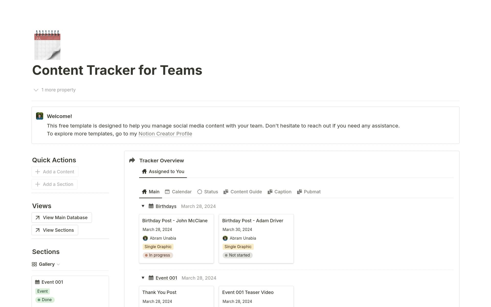 A template preview for Content Tracker for Teams
