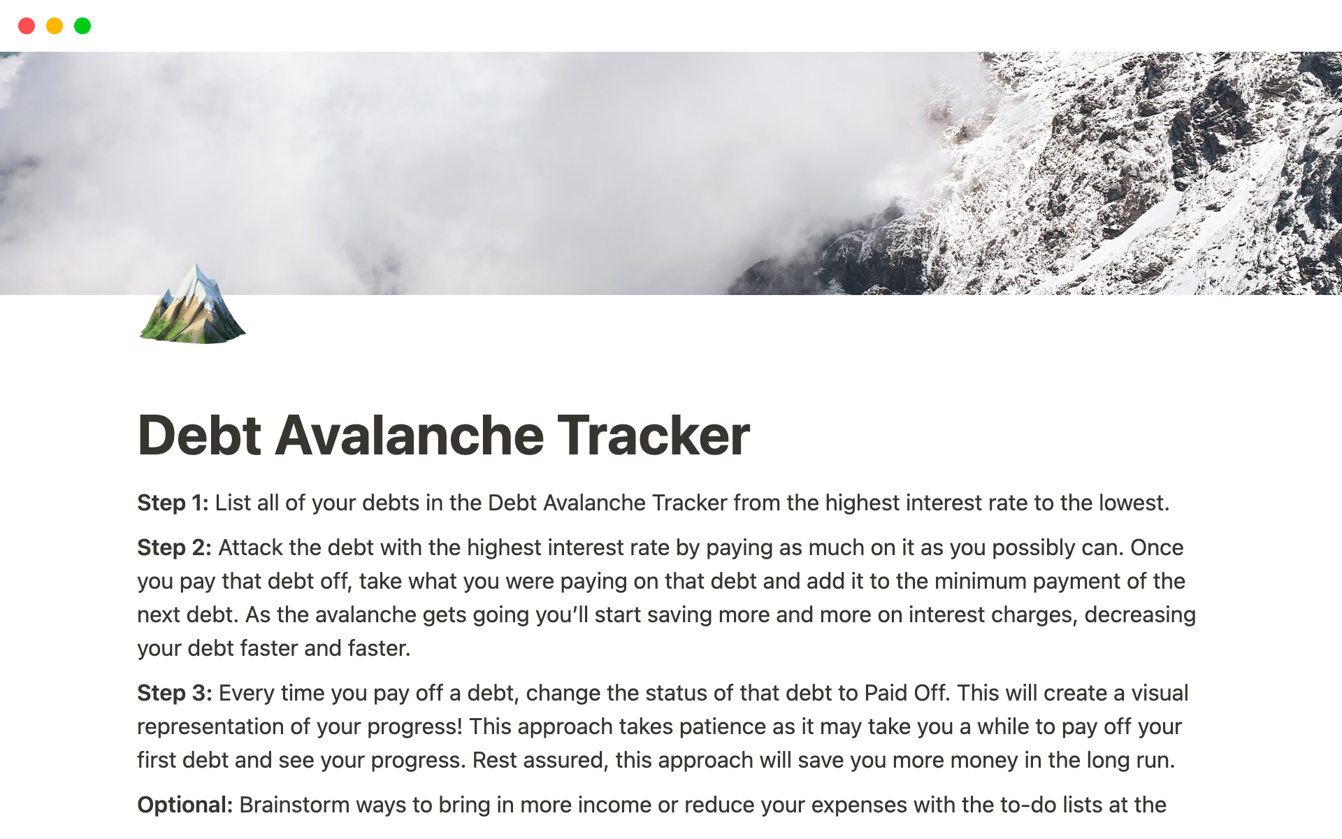 Debt Avalanche Templateのテンプレートのプレビュー