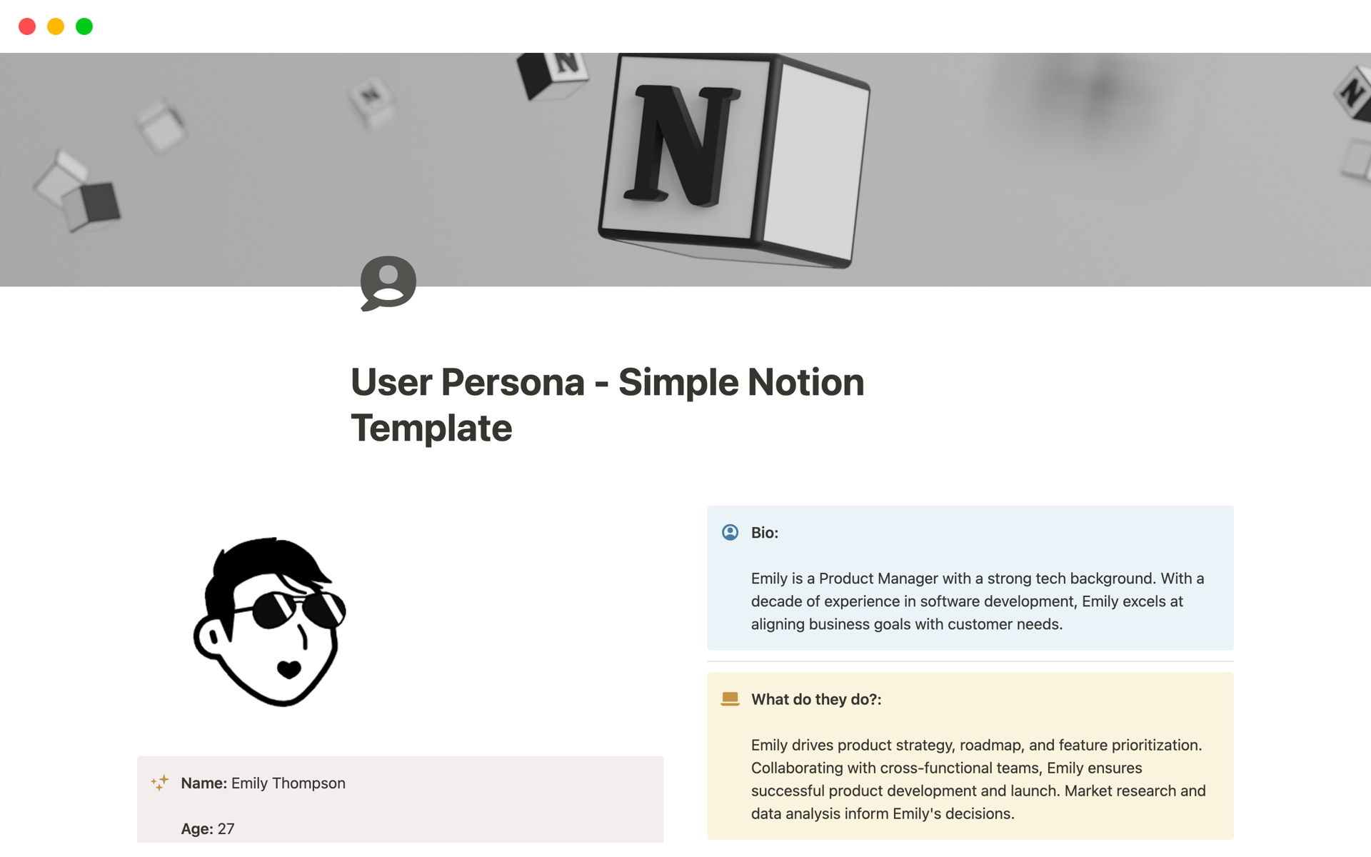 Vista previa de una plantilla para User Persona - Simple Notion Template