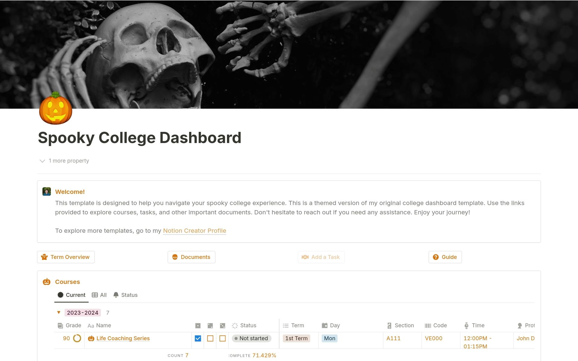 A template preview for Spooky College Dashboard