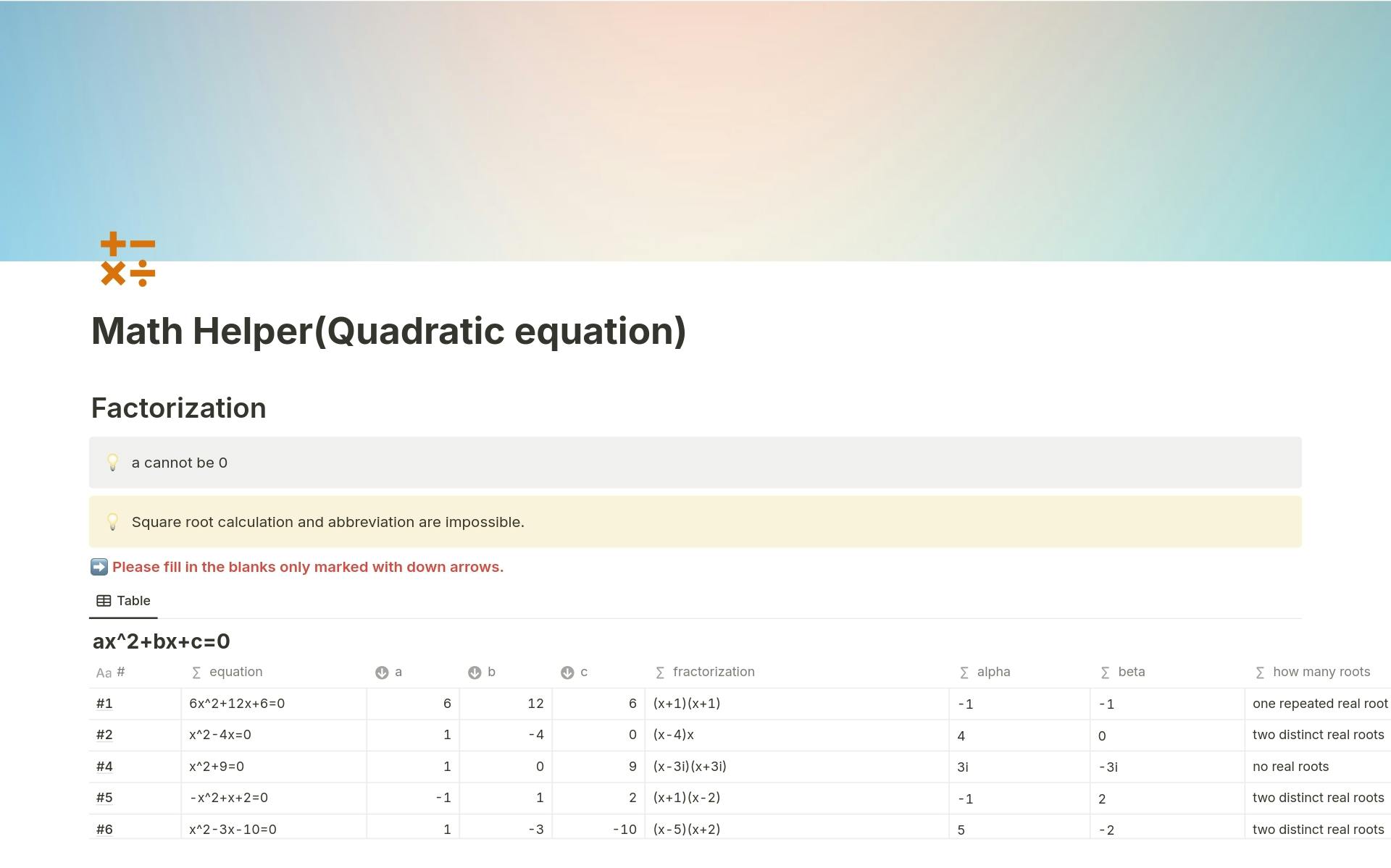 Uma prévia do modelo para Math Helper(Quadratic equation)