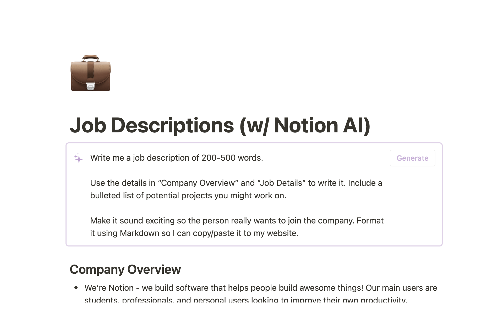 Vista previa de una plantilla para AI Job Description Writer