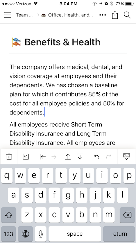 An screenshot of a document being edited in Notion’ iOS App