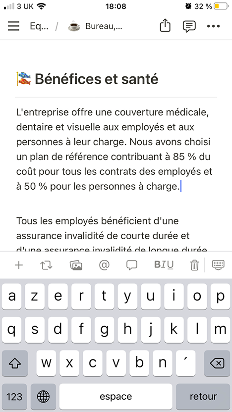 Une capture d’écran d’un document en cours d’édition dans l’application iOS de Notion