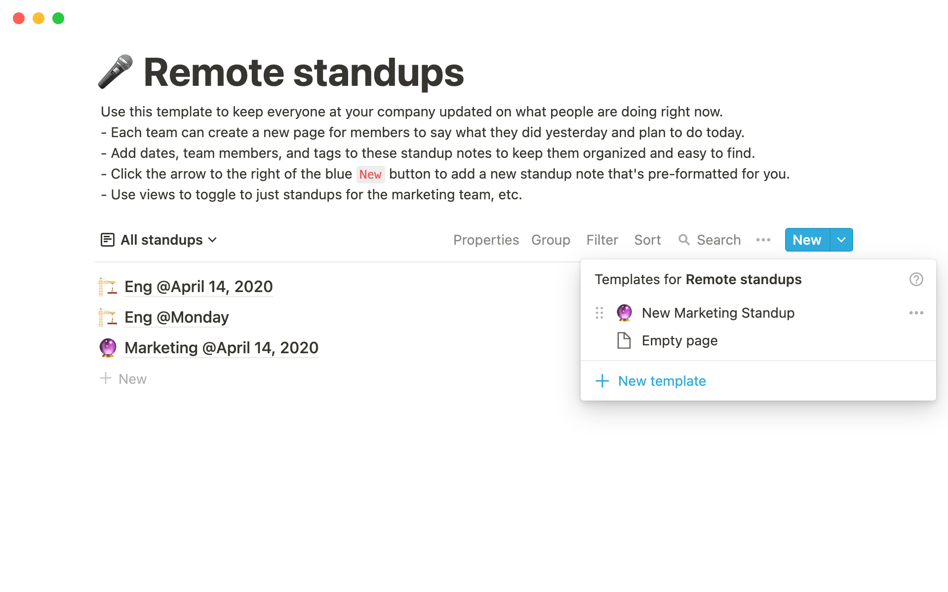 Remote standups Notion template