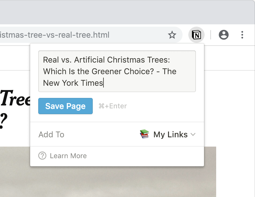 A screenshot of Web Clipper saving a page in to Notion