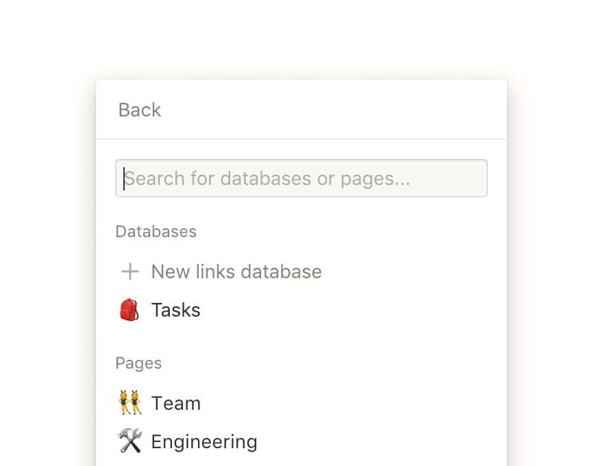 Een schermafbeelding van een pop-up menu met een zoekveld in een Notion-database