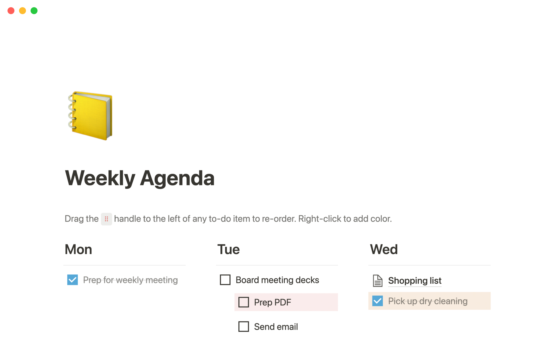 The desktop image for the Weekly agenda template