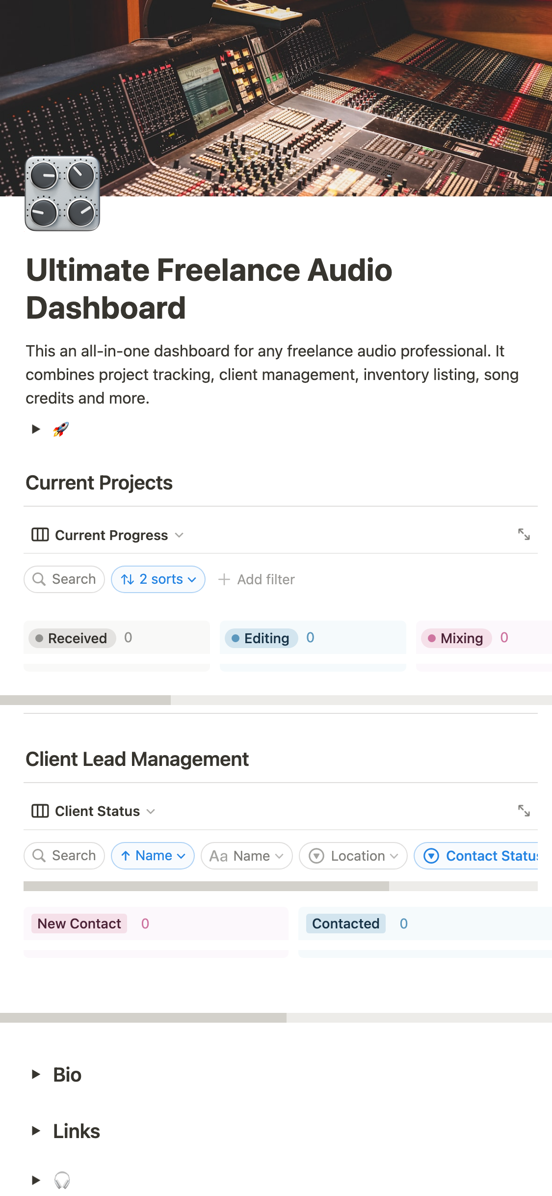 Notion Vorlagengalerie Ultimate Freelance Audio Dashboard
