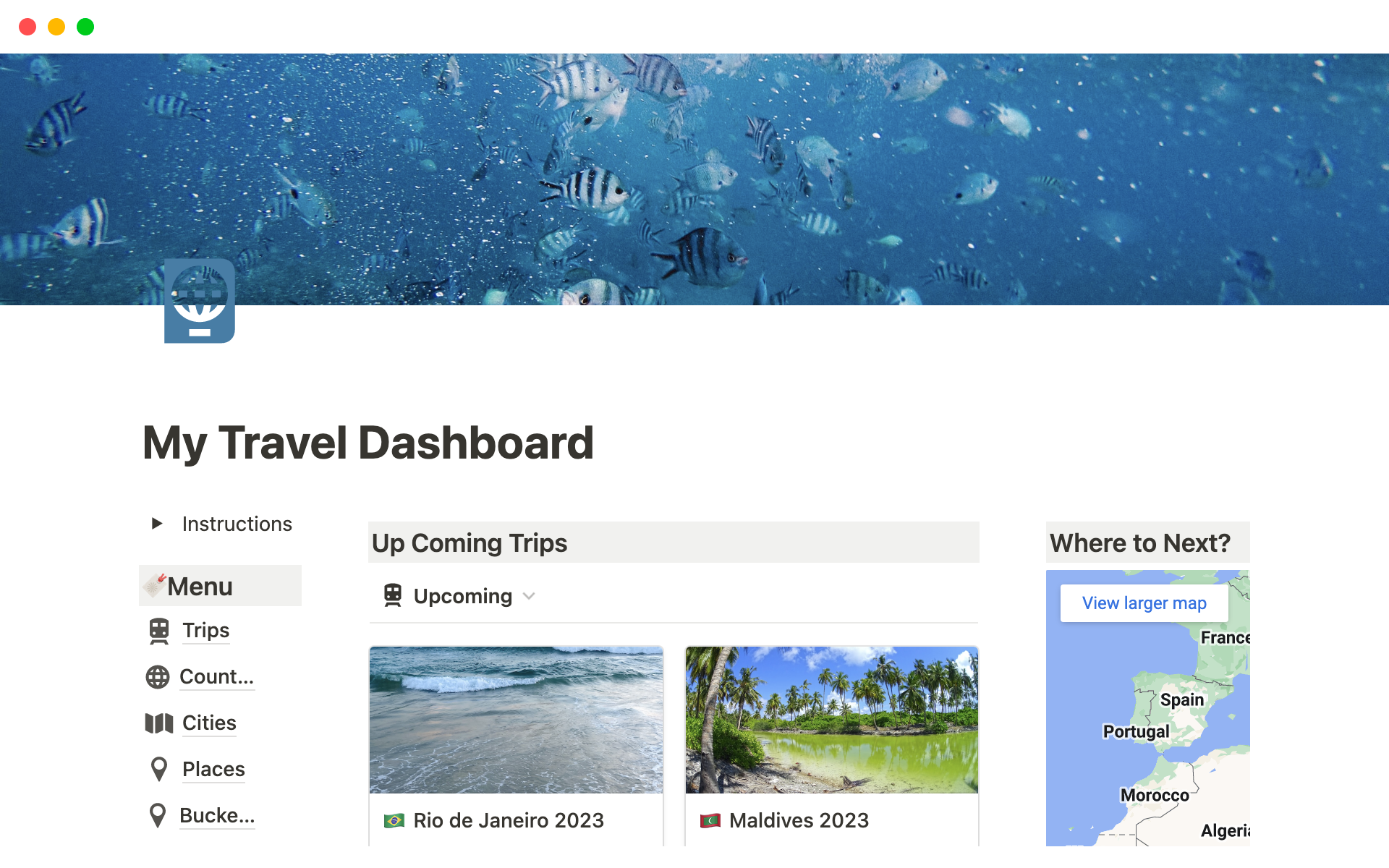 my travel dashboard created in Notion