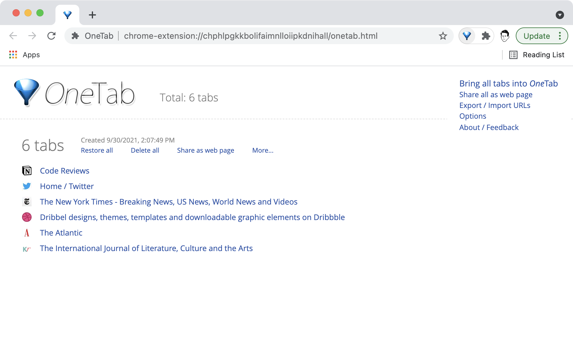 Chrome window with OneTab enabled.