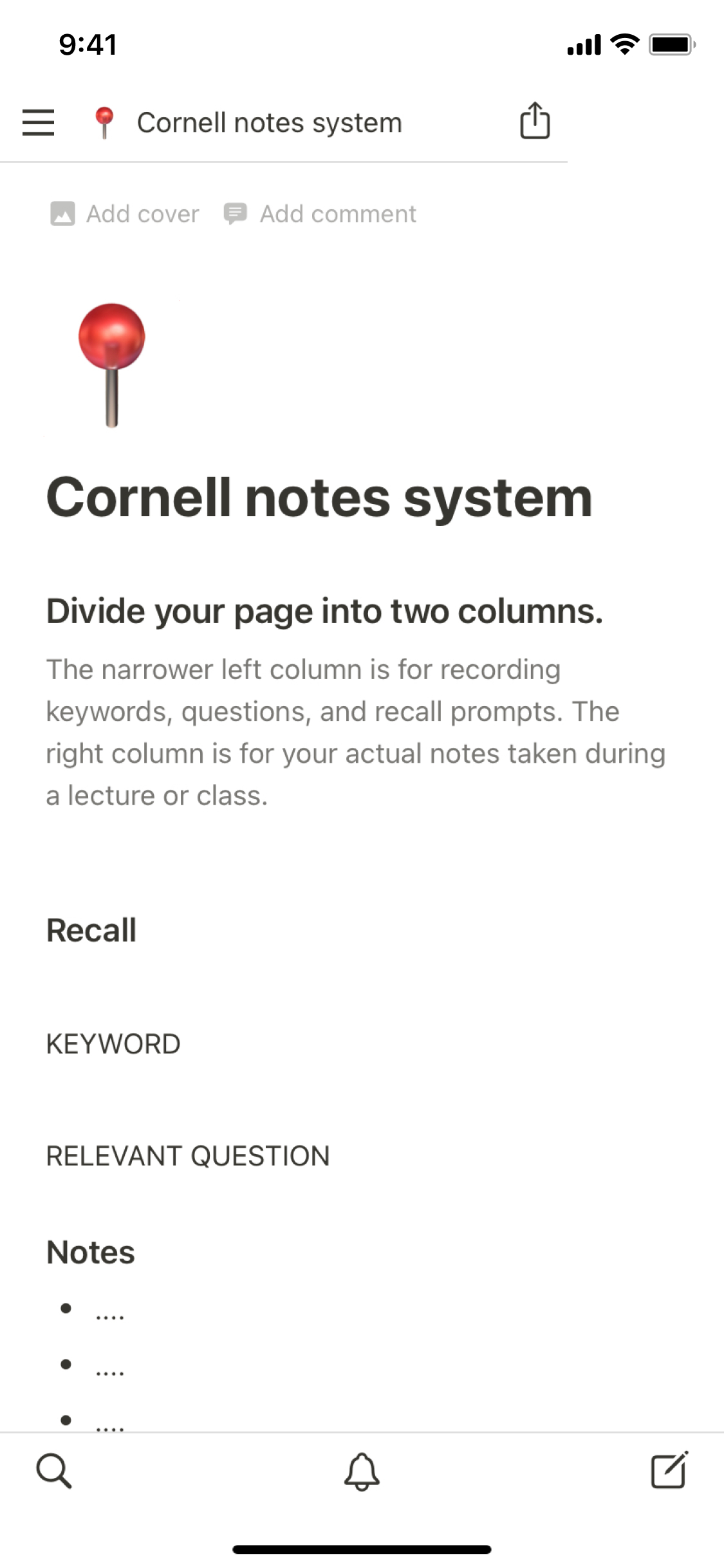The mobile image for the Cornell notes system template