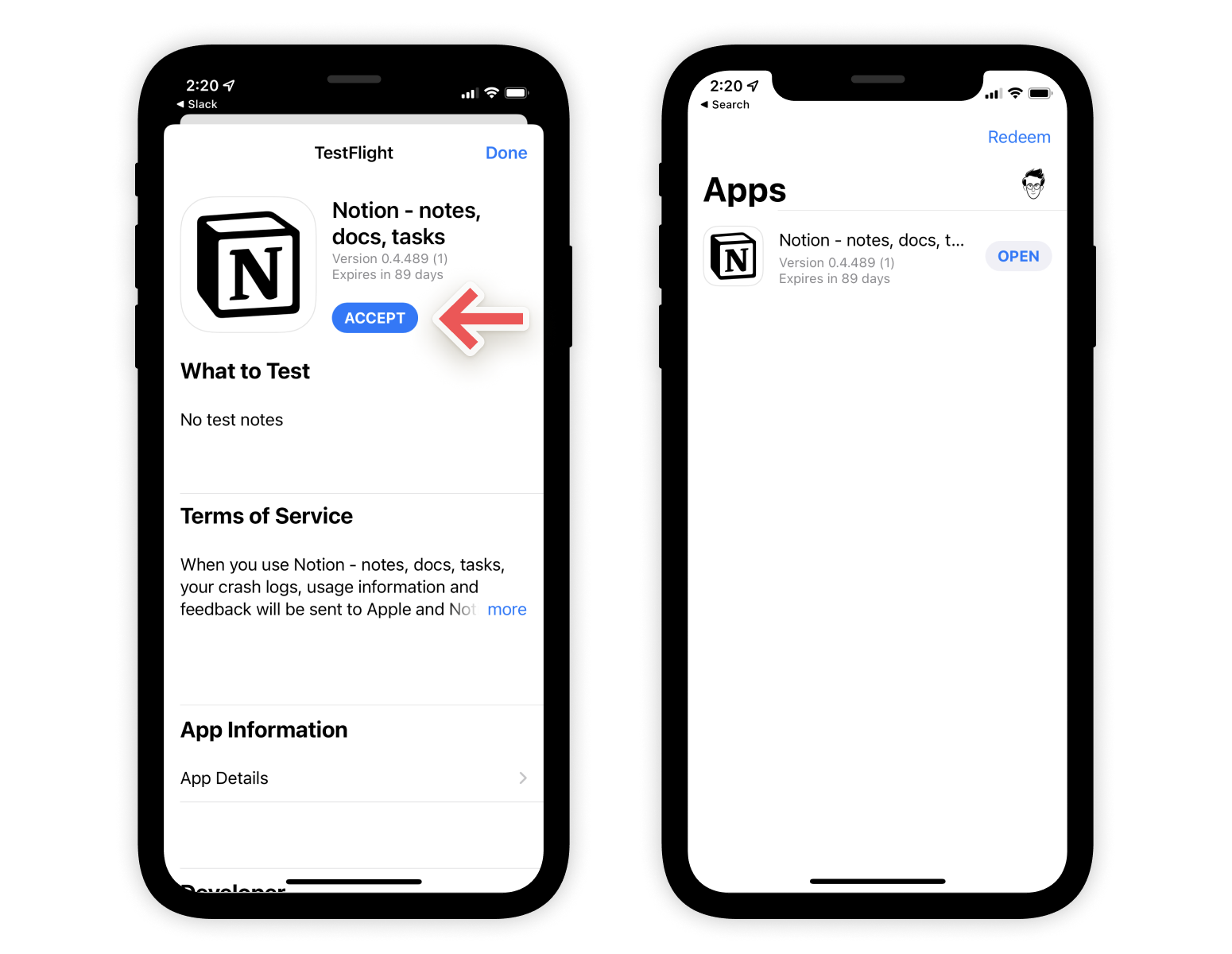 TestFlight를 사용하여 Notion의 iOS 베타 앱에 가입하는 과정을 보여 주는 스크린샷