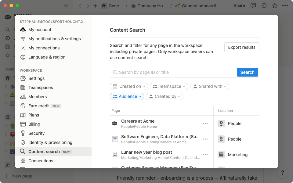 Utilisez la recherche de contenu pour trouver n’importe quelle page dans un espace de travail.