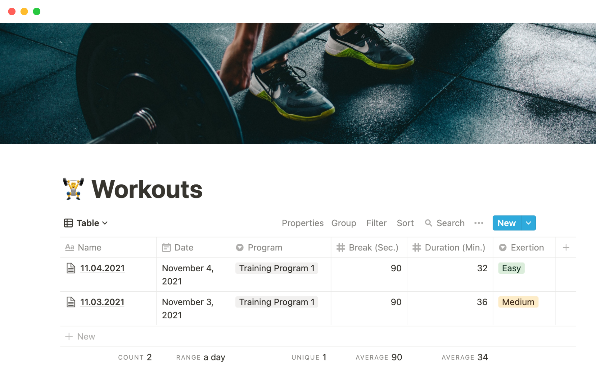 The desktop image for the Workouts template
