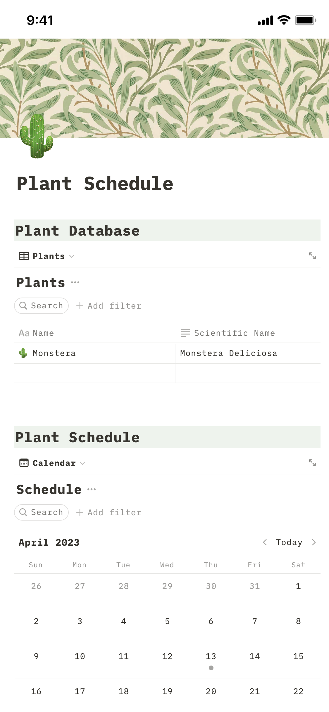 Galería de plantillas de Notion Plant Watering Schedule