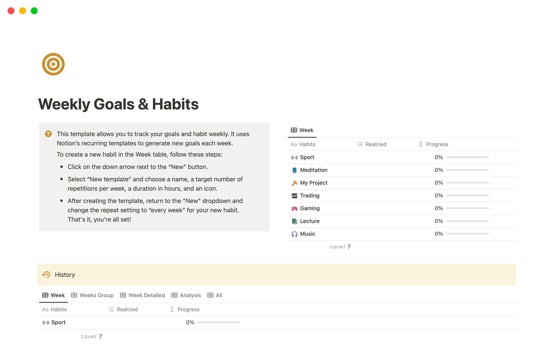 Weekly Goals & Habits Notion Template