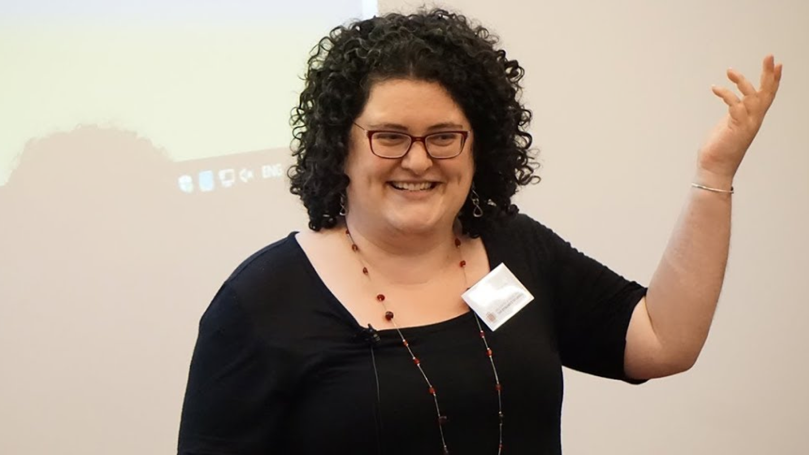 Gretchen presenting at the ARC Centre of Excellence for the Dynamics of Language. Image from Youtube.