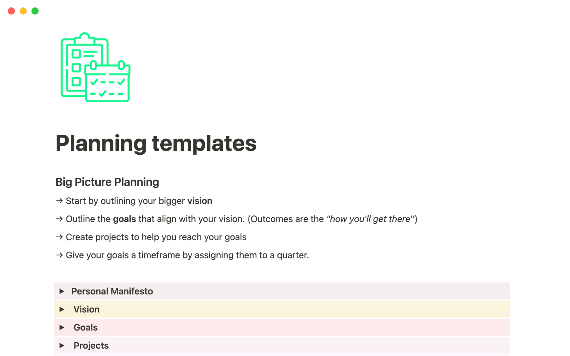 The desktop image for the Planning templates template