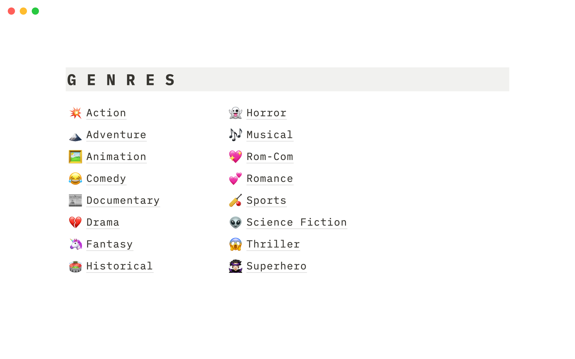 A screenshot of a movie tracker with a section for specific genres.