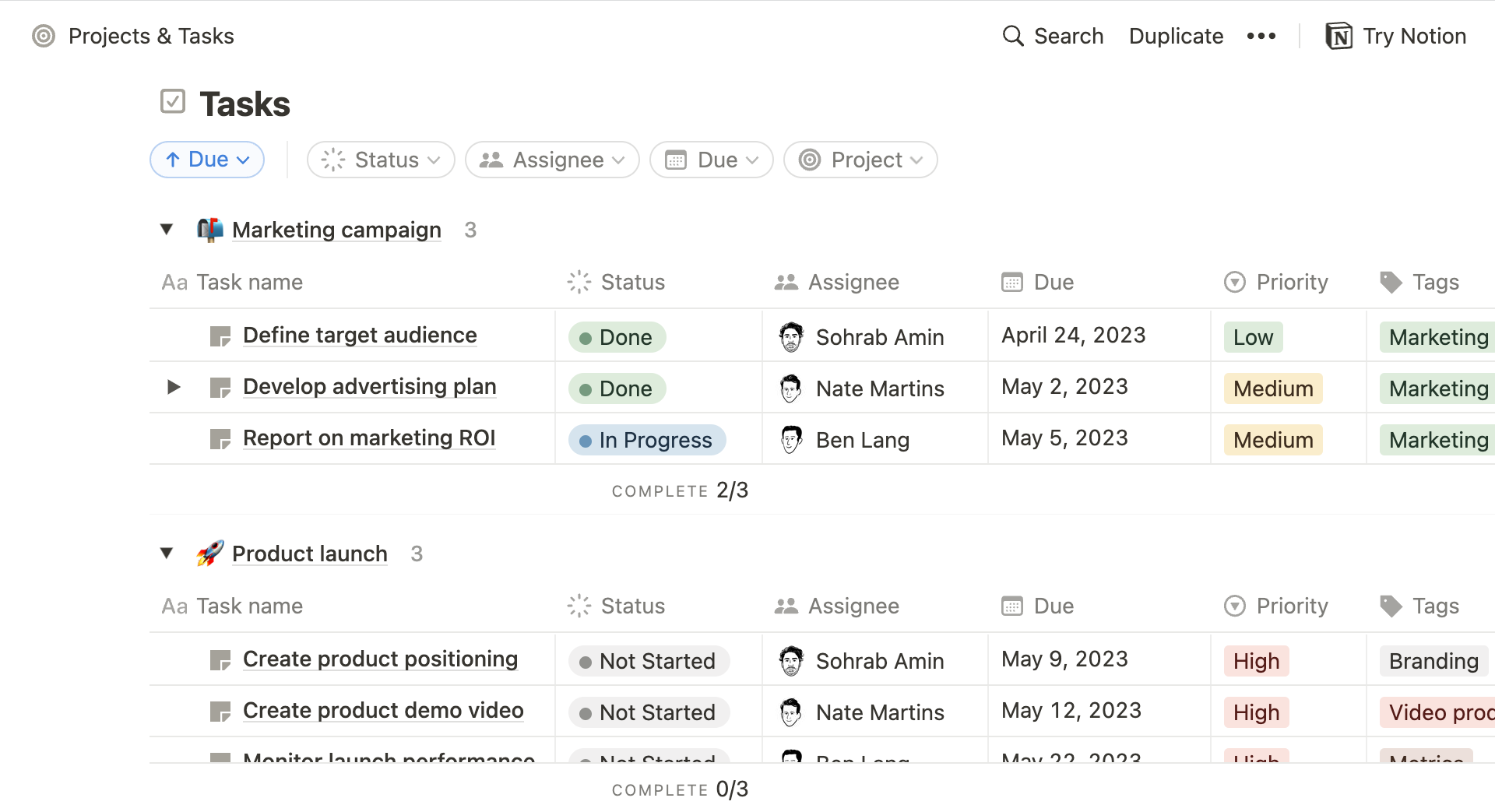 The Projects & Tasks template that you can add to your Notion workspace.
