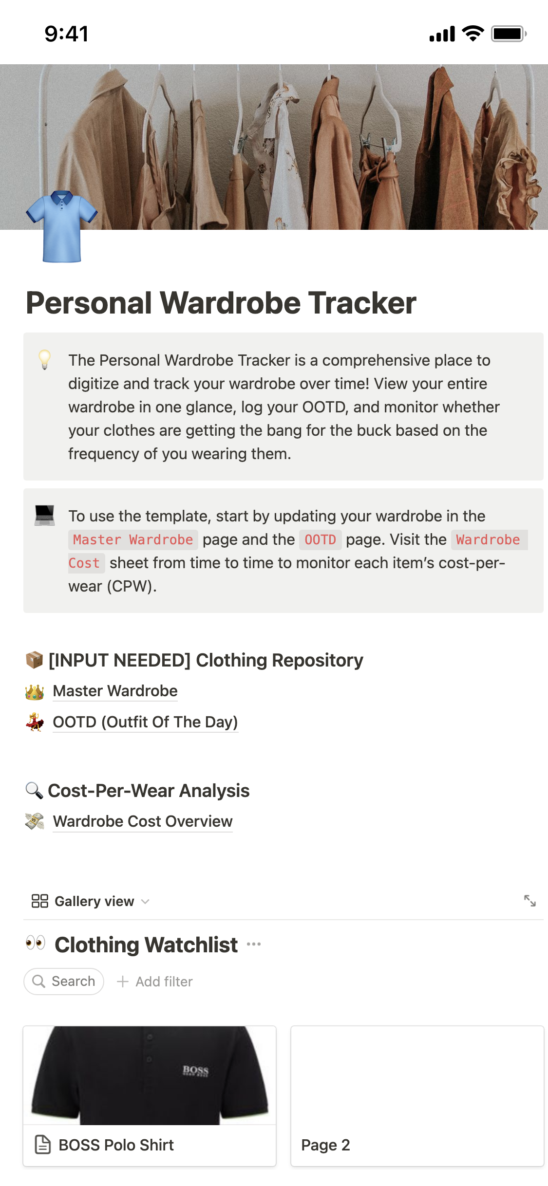 Notion Template Gallery Wardrobe & Cost Per Wear Tracker