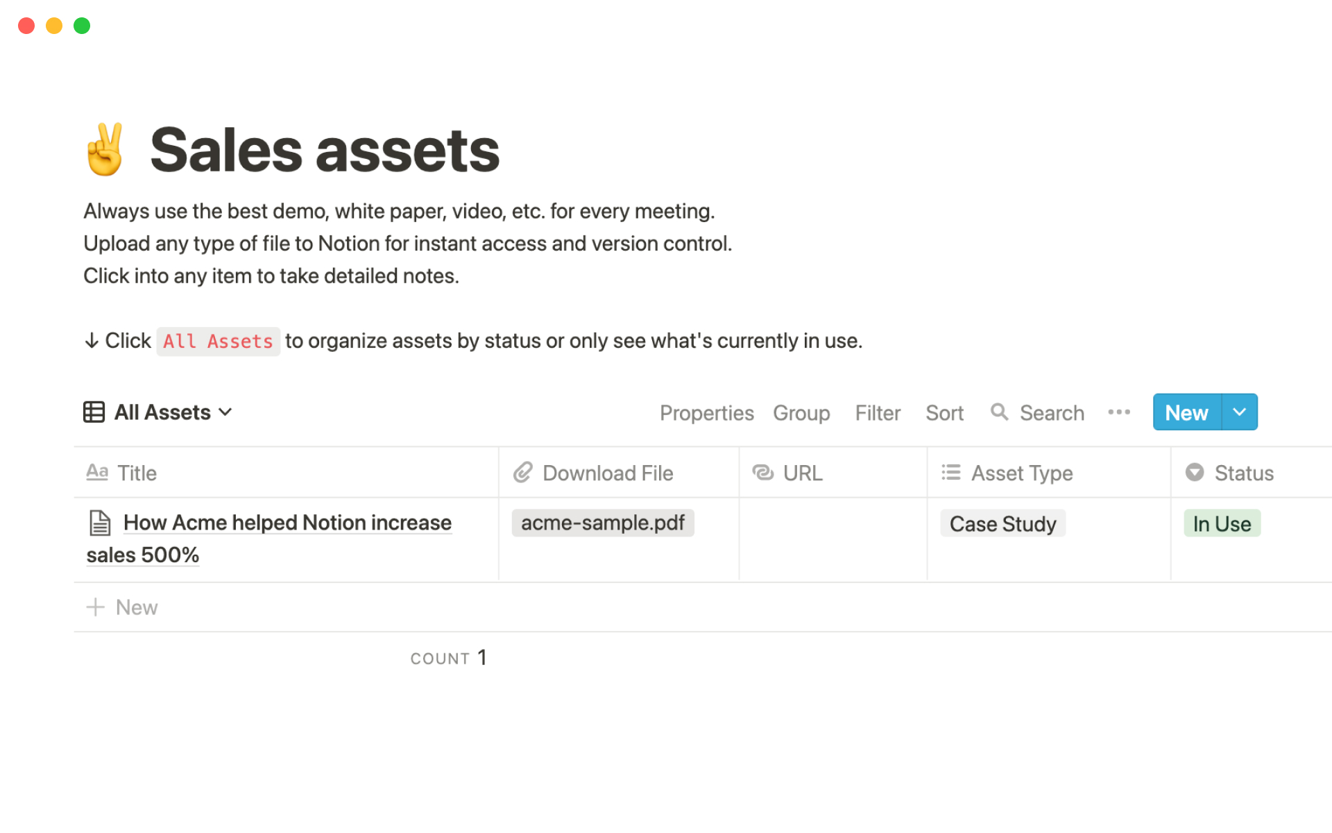 The desktop image for the Sales assets template