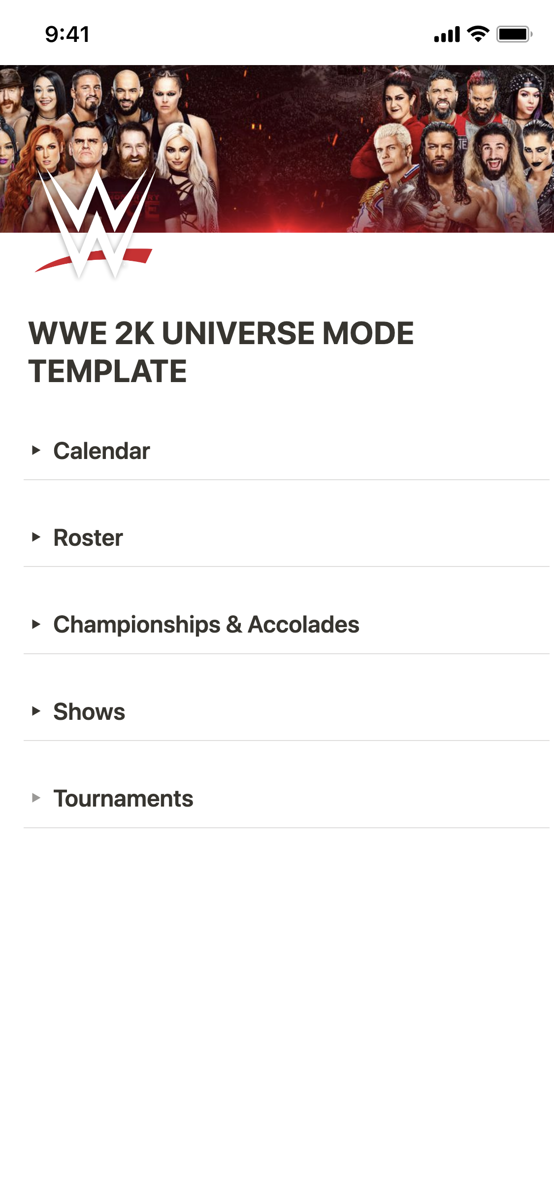 Notion Vorlagengalerie WWE 2K Universe Mode