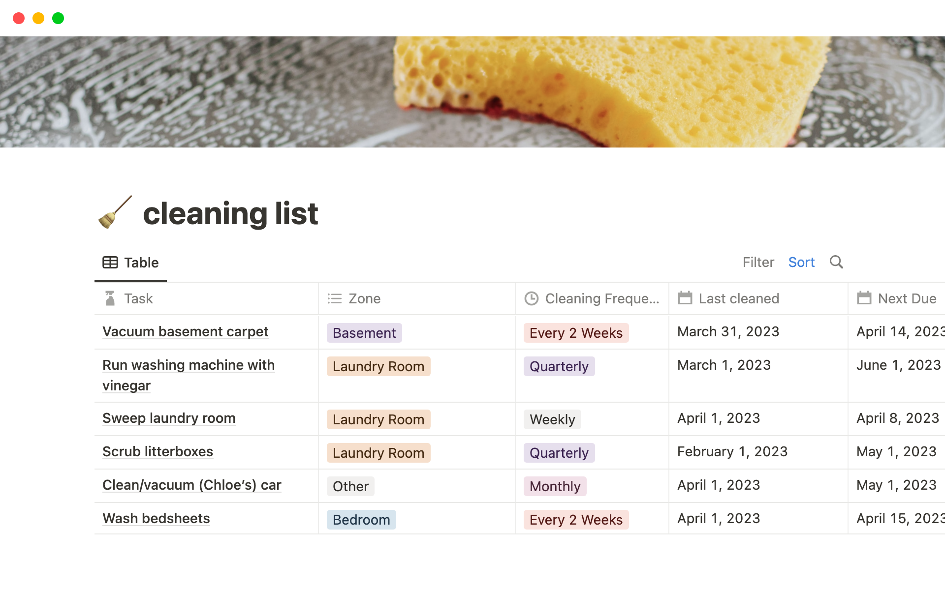 Cleaning tracker Notion Template