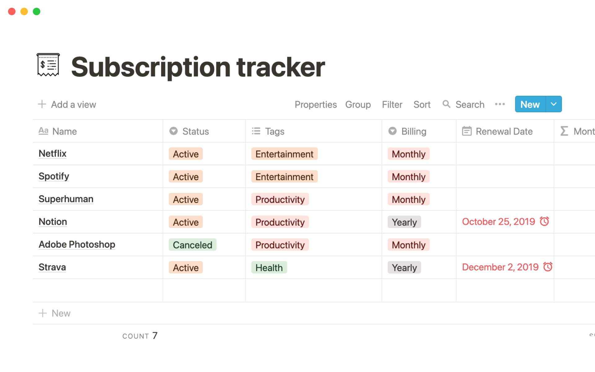 The desktop image for the Subscription tracker template