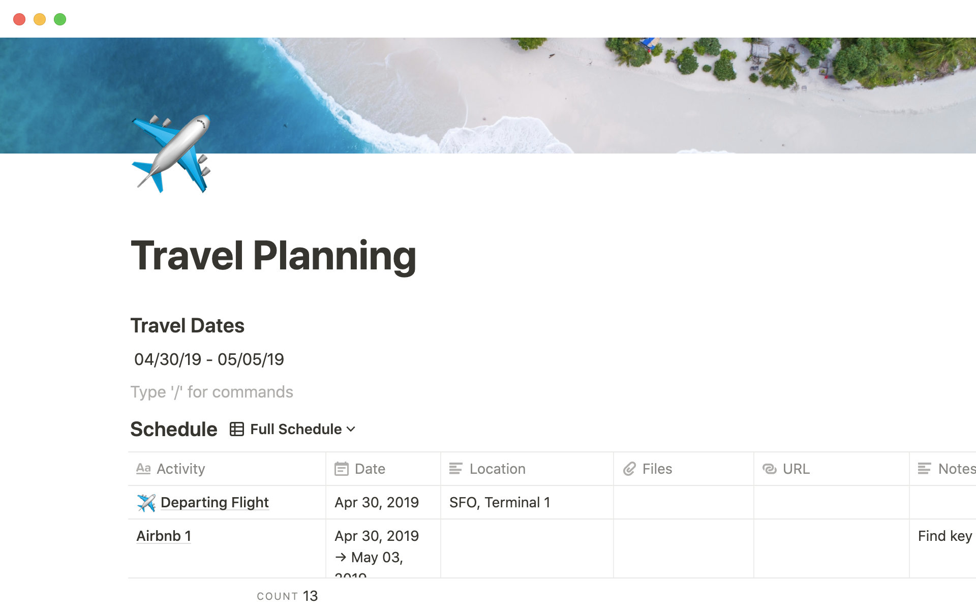 The desktop image for the Travel planning template