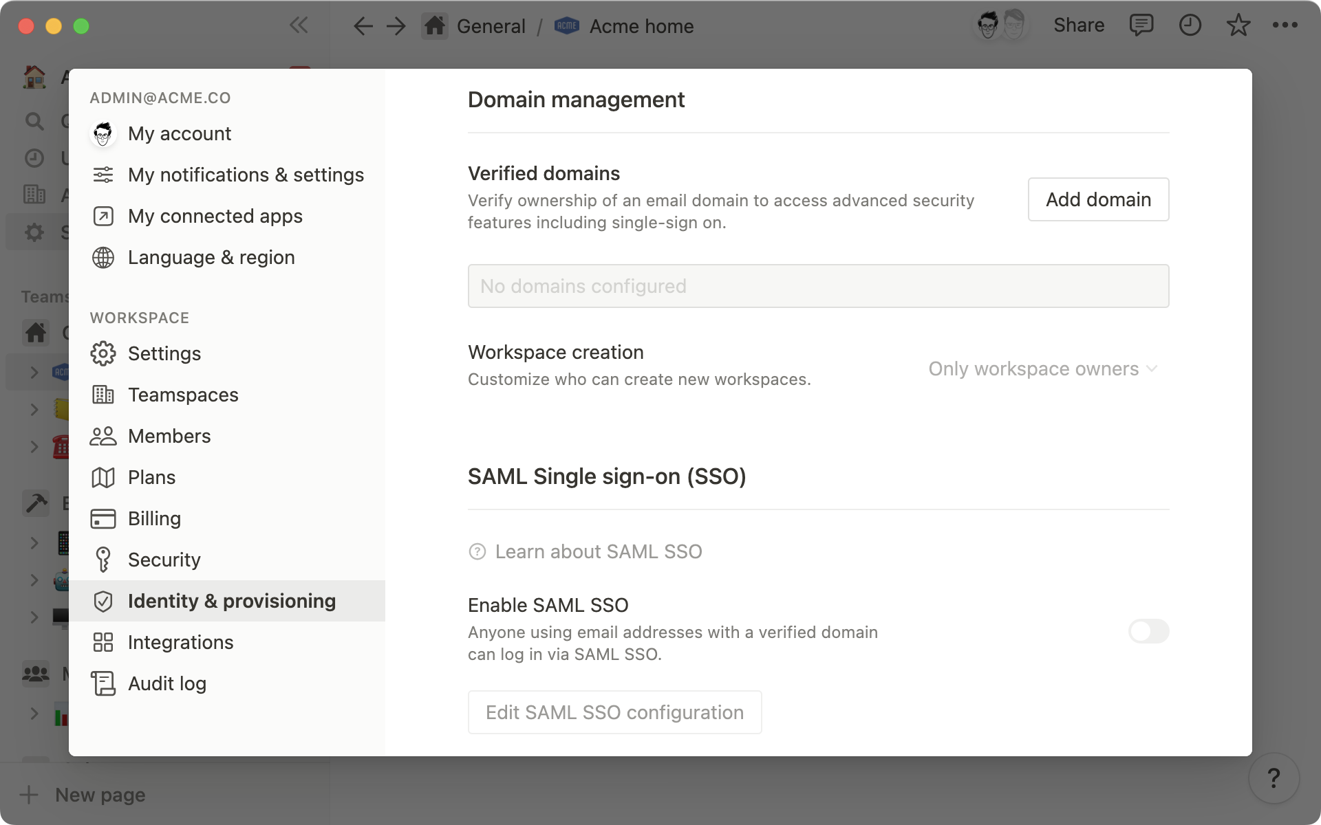 A screenshot of Notion's settings, showing configuration for Domain management and SAML SSO.