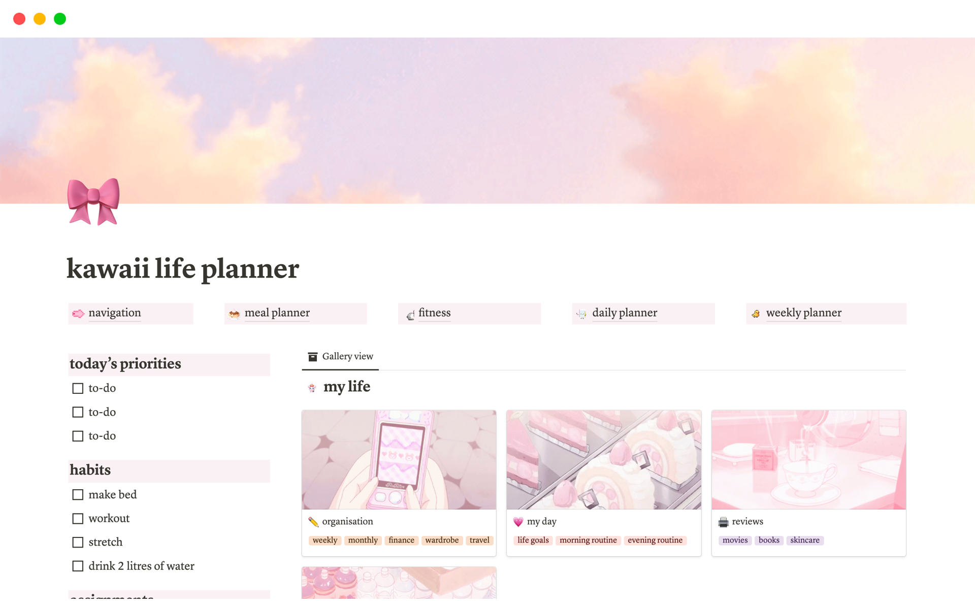 Pink Kawaii Aesthetic Life Planner Notion (ノーション)テンプレート
