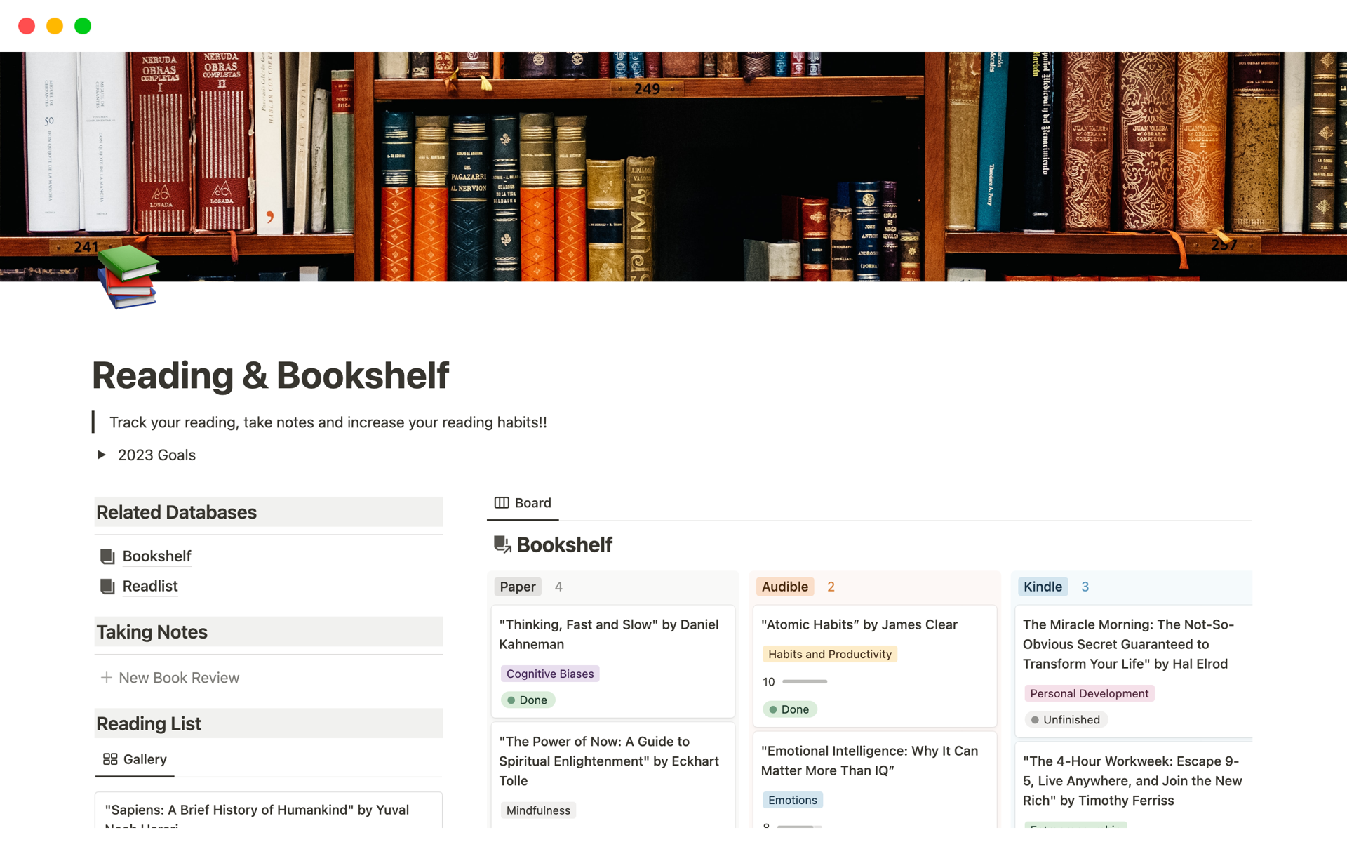 Reading & Bookshelf Notion Template