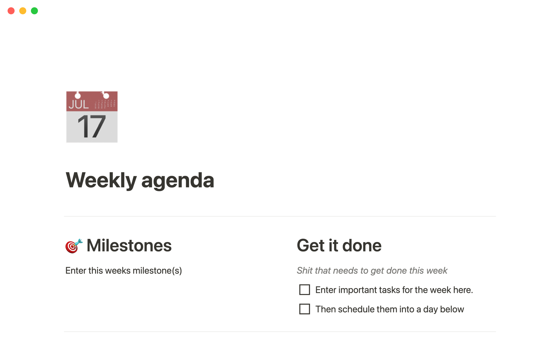 The desktop image for the Weekly agenda template