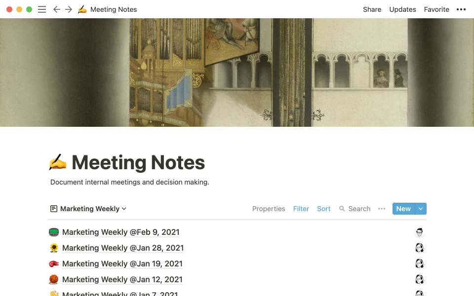 Teams create different views of the database to surface their meeting notes.