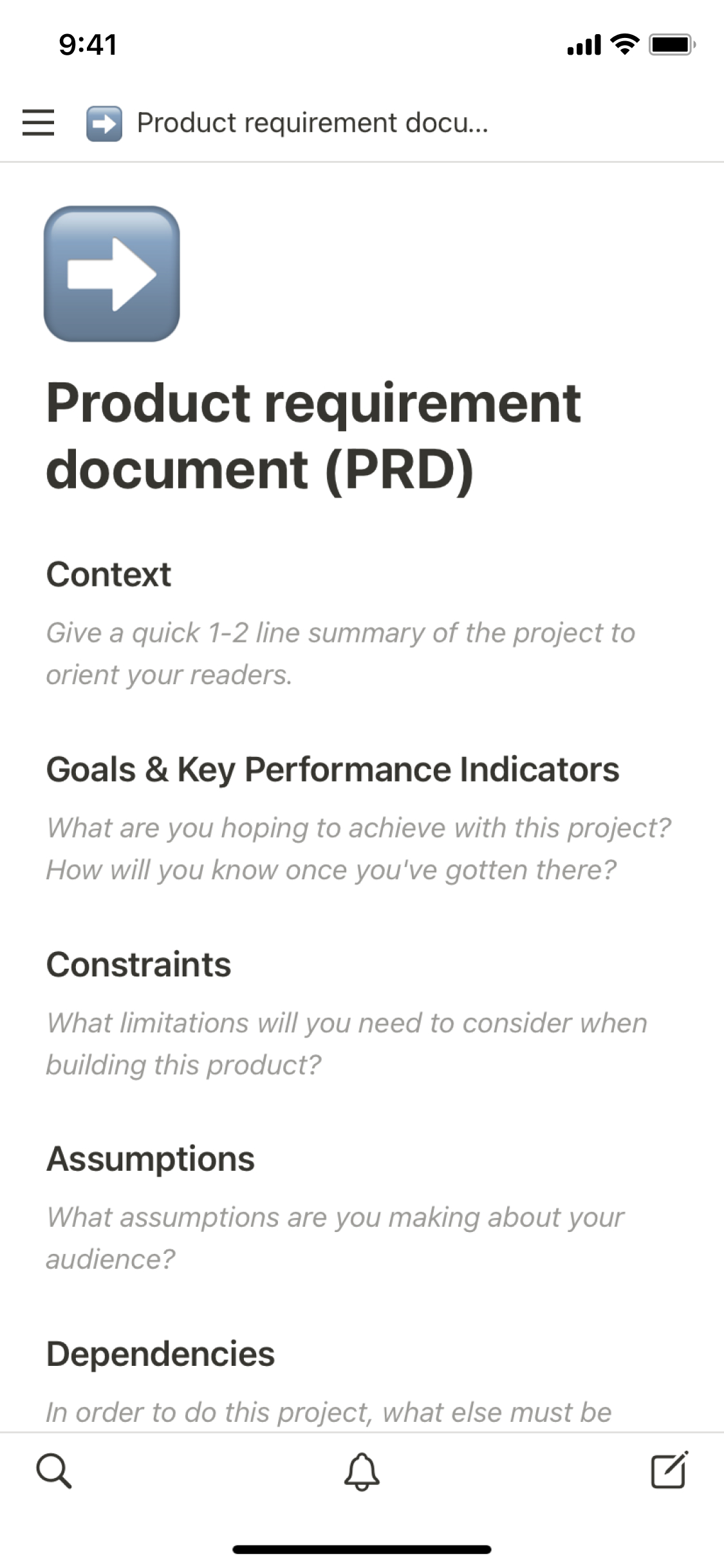 The mobile image for the Product requirement document (PRD) template