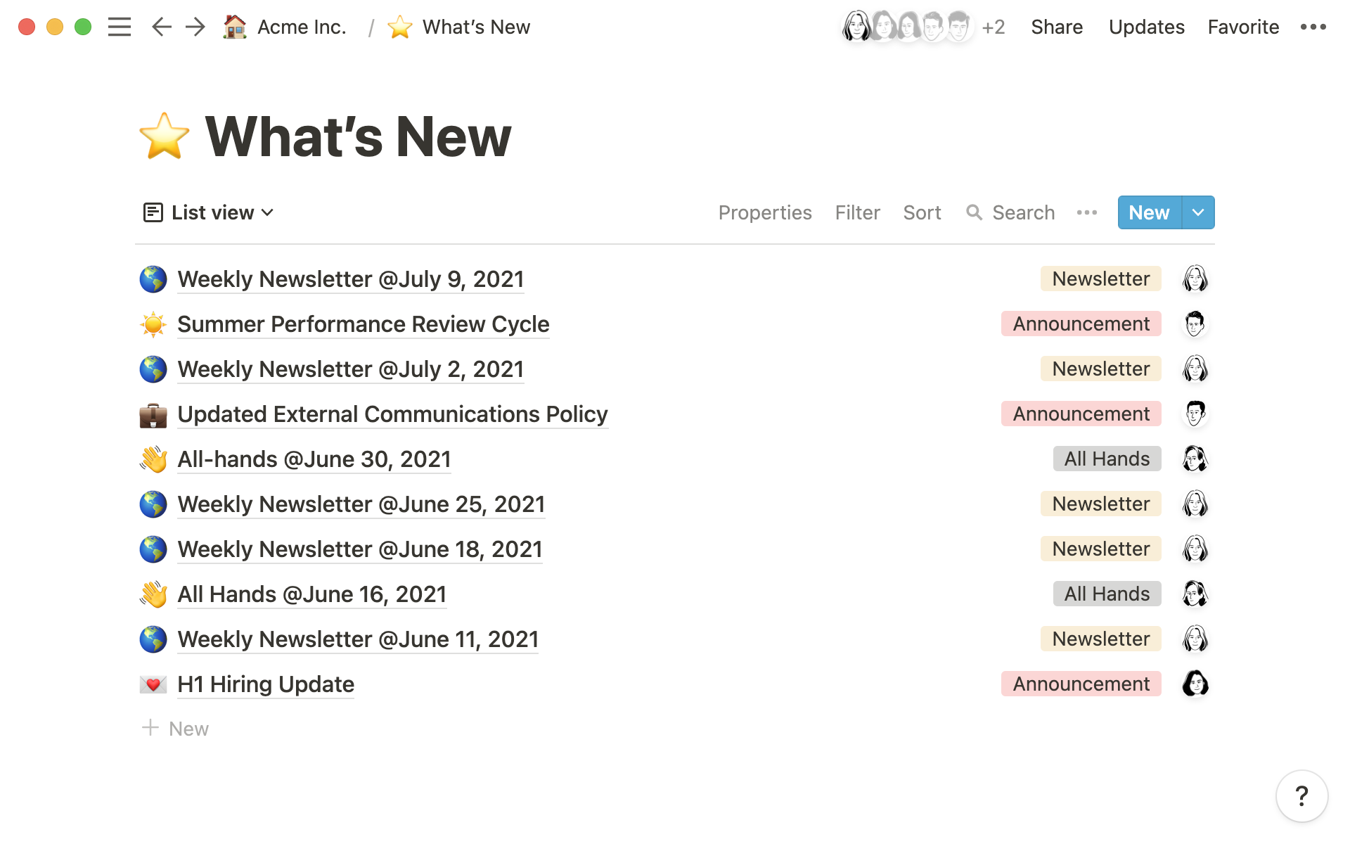 Create a "what's new" database to house important updates like newsletters, memos, and all-hands notes.