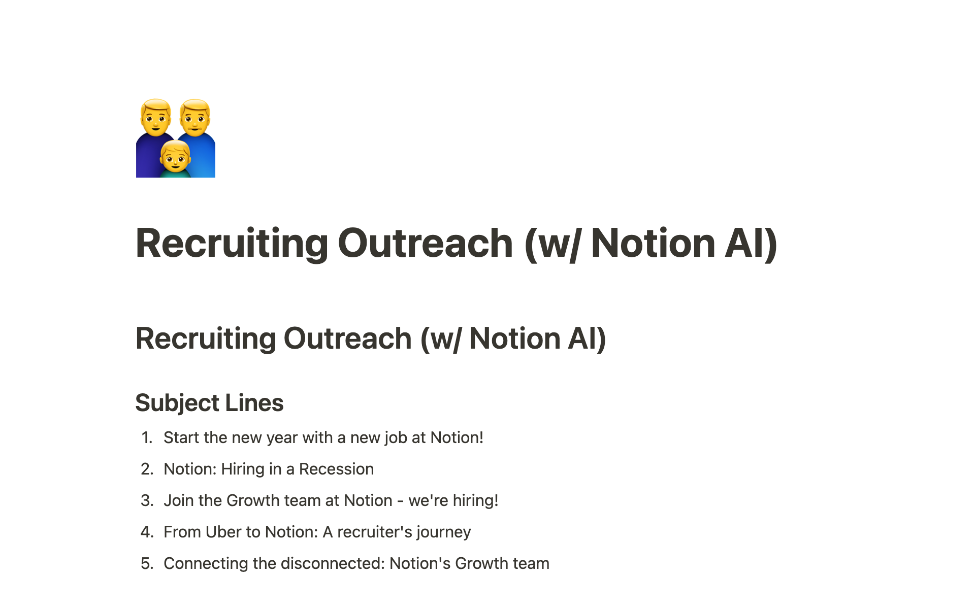 An image of recruiting outreach email subject lines generated with Notion AI.