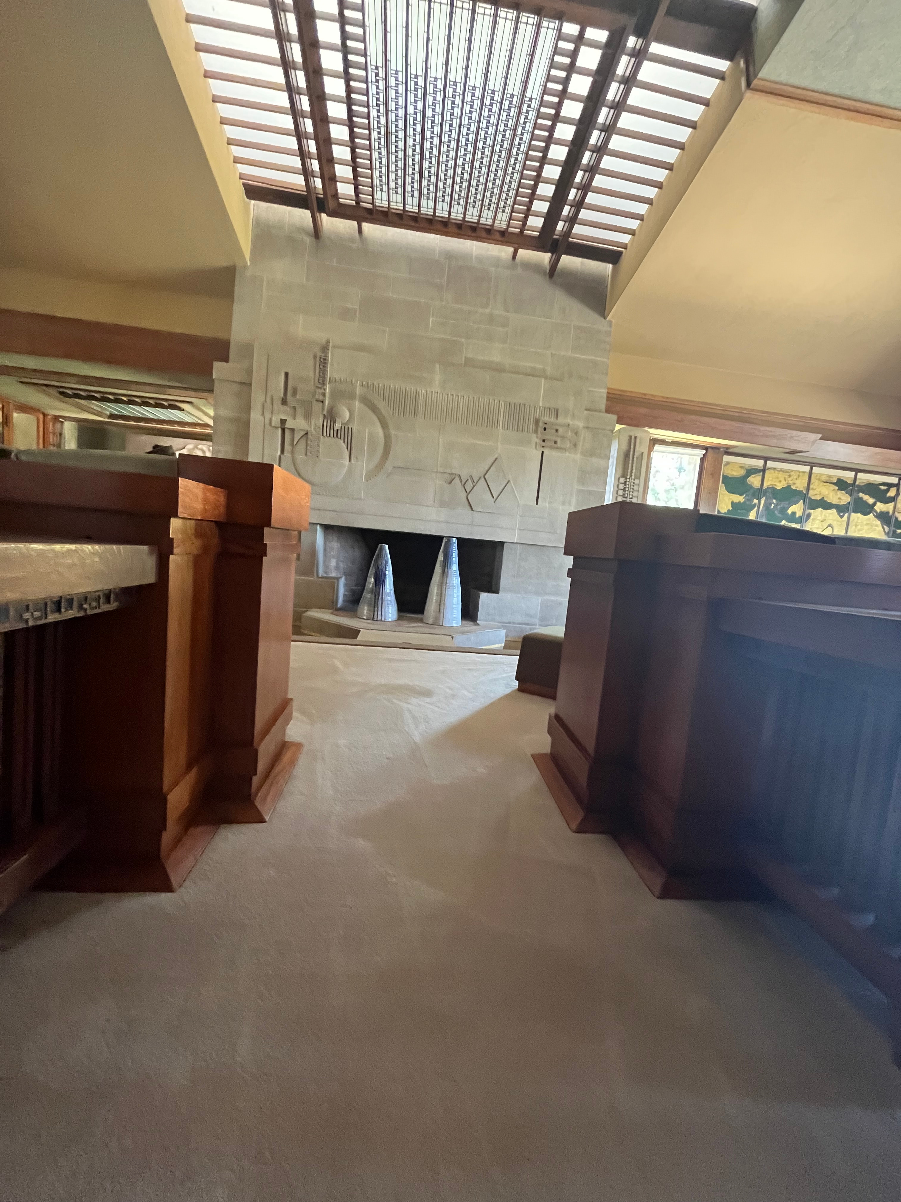 Touring a multi-decade work-in-progress. Living room of the Frank Lloyd Wright-designed Hollyhock House. Los Angeles, California. 2023.