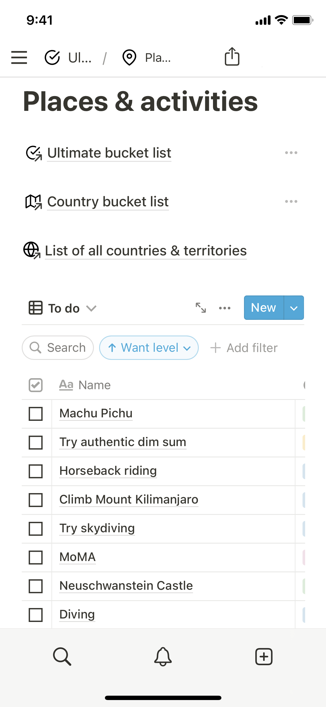 Notion Template Gallery Ultimate bucket list