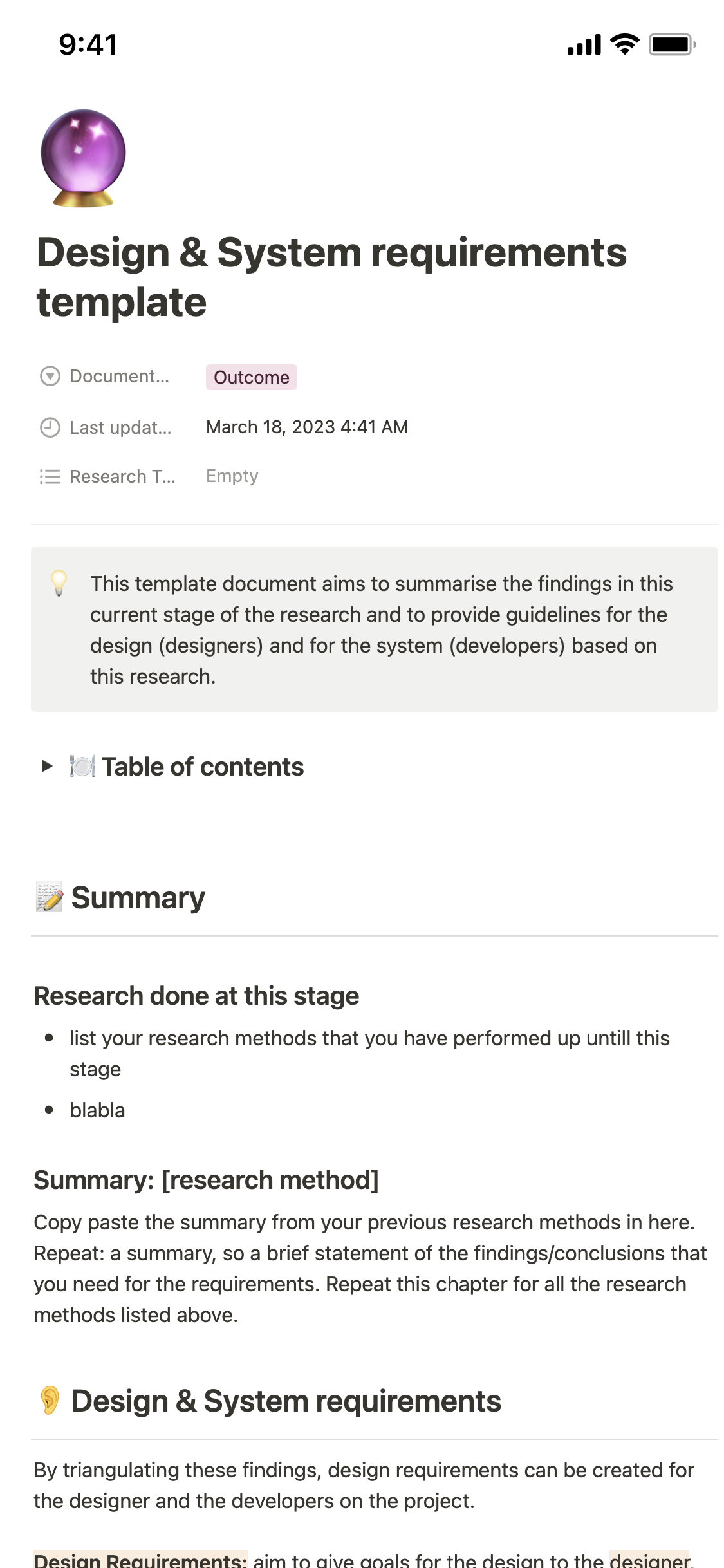 Notion Template Gallery – Design & System Requirements Template