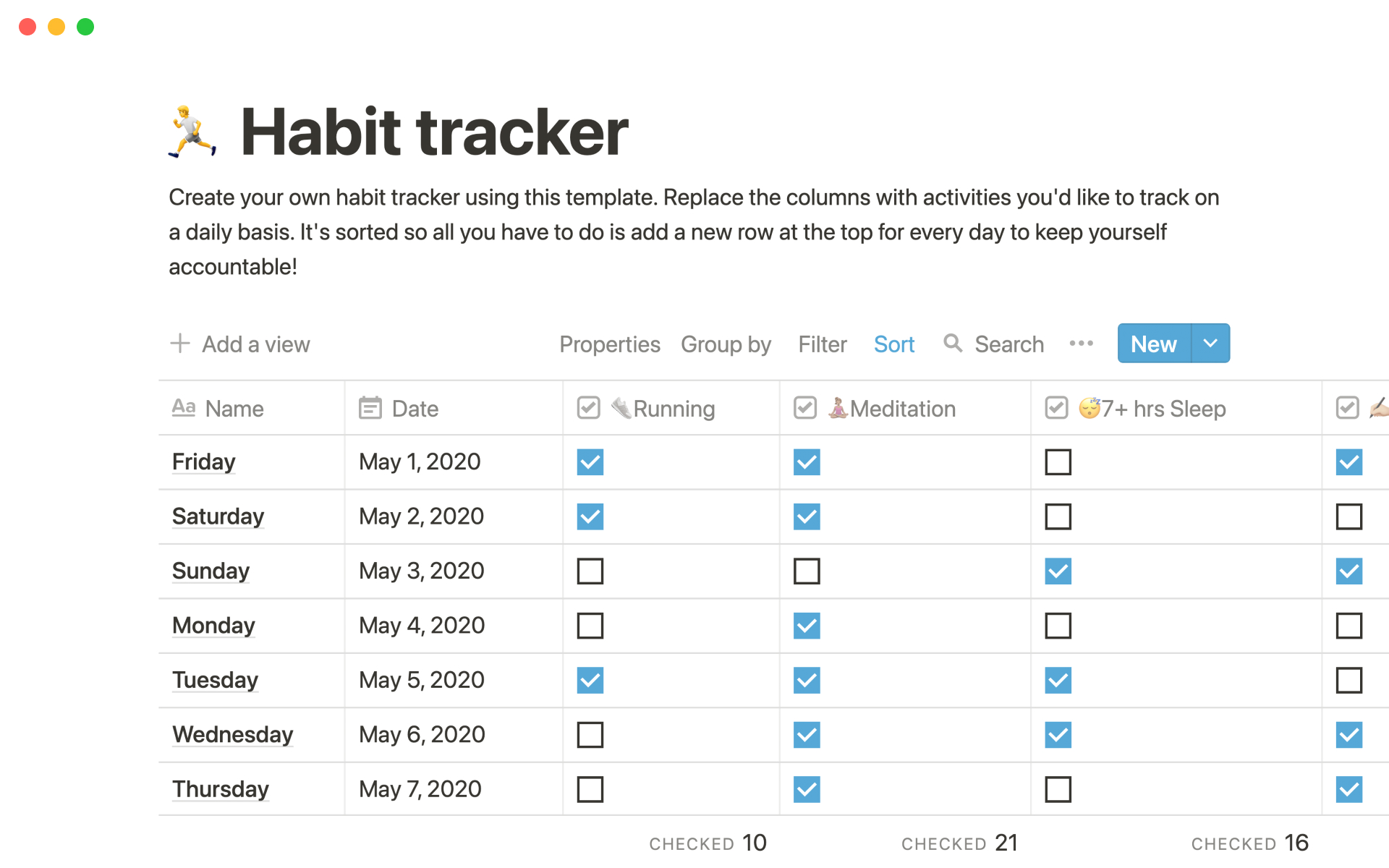 The desktop image for the Habit tracker template
