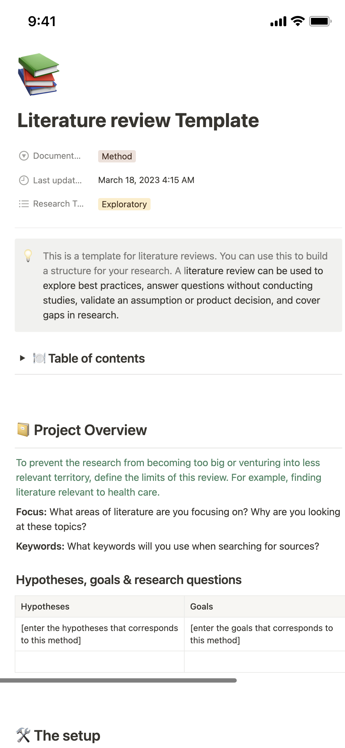 Notion Galeria de modelos Literature review template